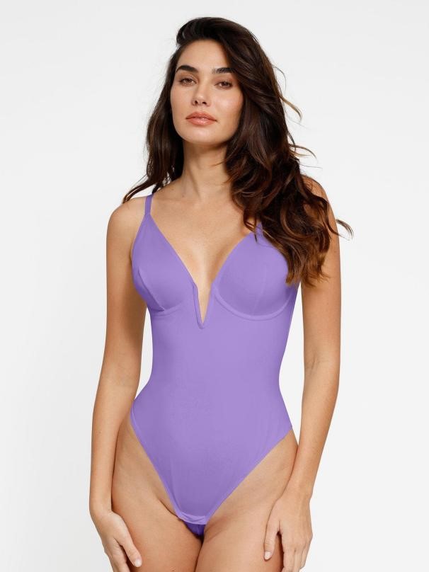 Purple plunge neck body suit